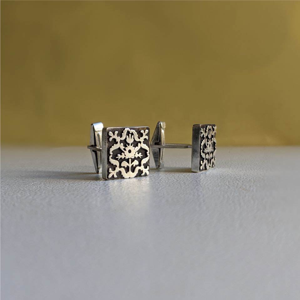 Handmade Oxidized Silver Cufflinks with Floral Patterns