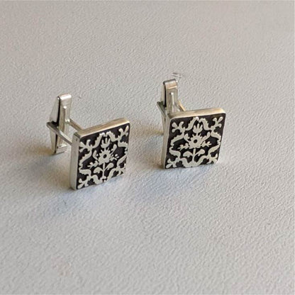 Handmade Oxidized Silver Cufflinks with Floral Patterns