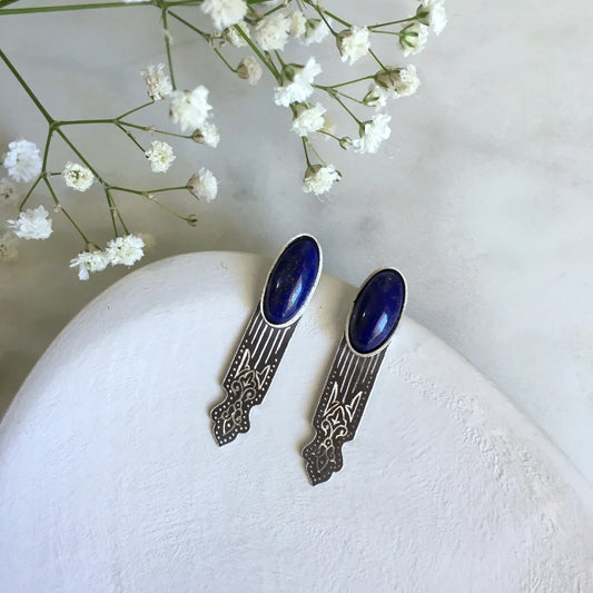 handcrafted oxidized silver drop earrings, adorned with oval lapis lazuli