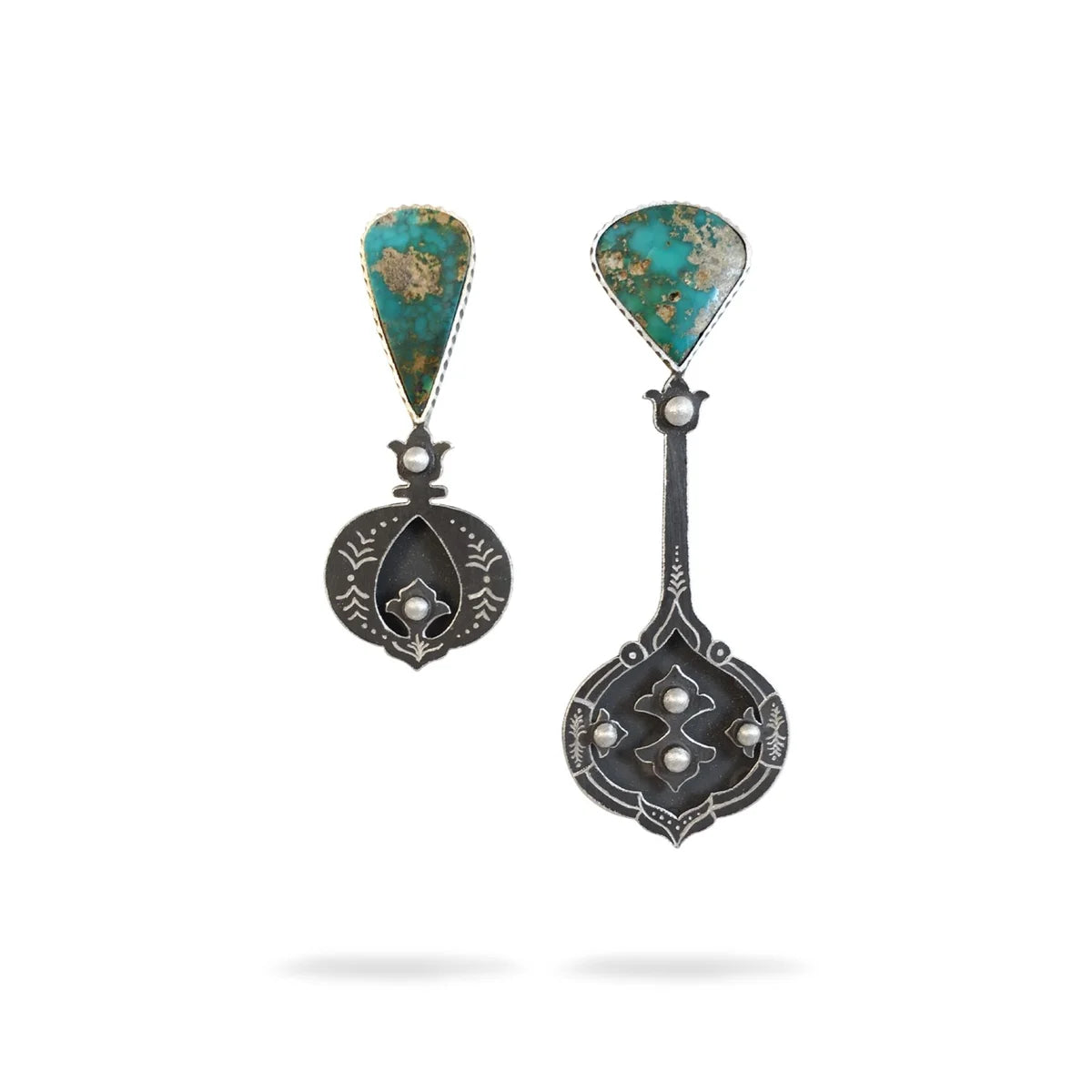 handmade oxidized silver mismatched drop earrings, adorned with turquoise