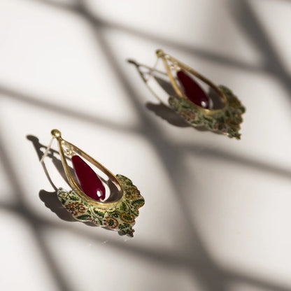 handmade statement silver earrings with ruby agate gemstones and red and green floral patterns