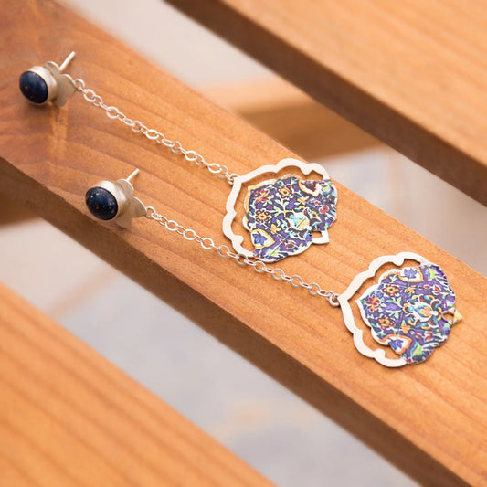 handmade silver ear jacket and dangle earrings adorned with lapis lazuli and floral patterns