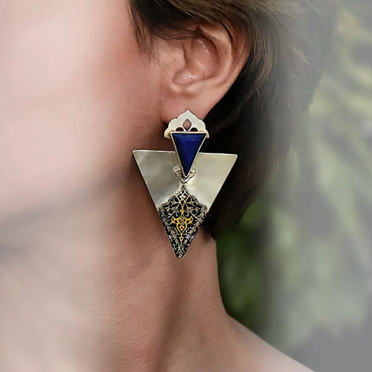 Handmade silver statement drop earrings in rectangular shape decorated with floral patterns and rectangle lapis lazuli.