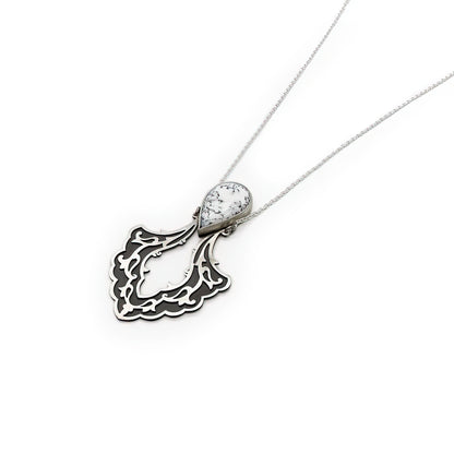 handmade oxidized silver pendant necklace with white dendritic agate