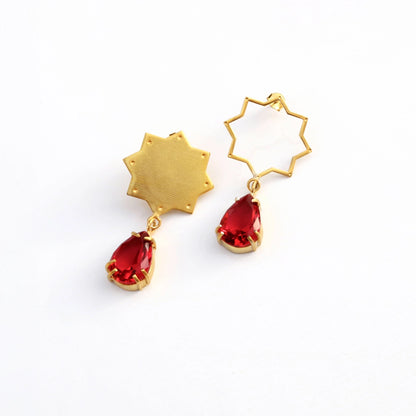 handmade gold plated silver star shaped drop earrings with red crystals