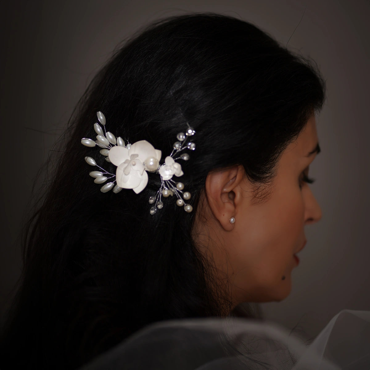 handmade silver headpiece decorated with silver orchids and faux pearls 