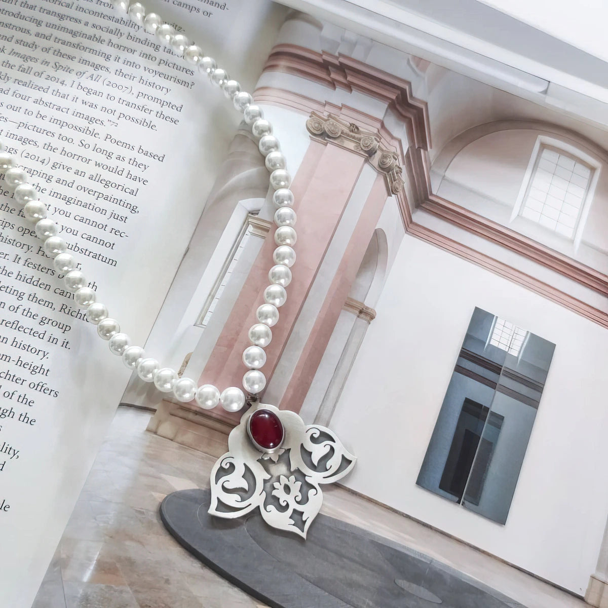 handmade oxidized silver floral pattern necklace with red agate and shells