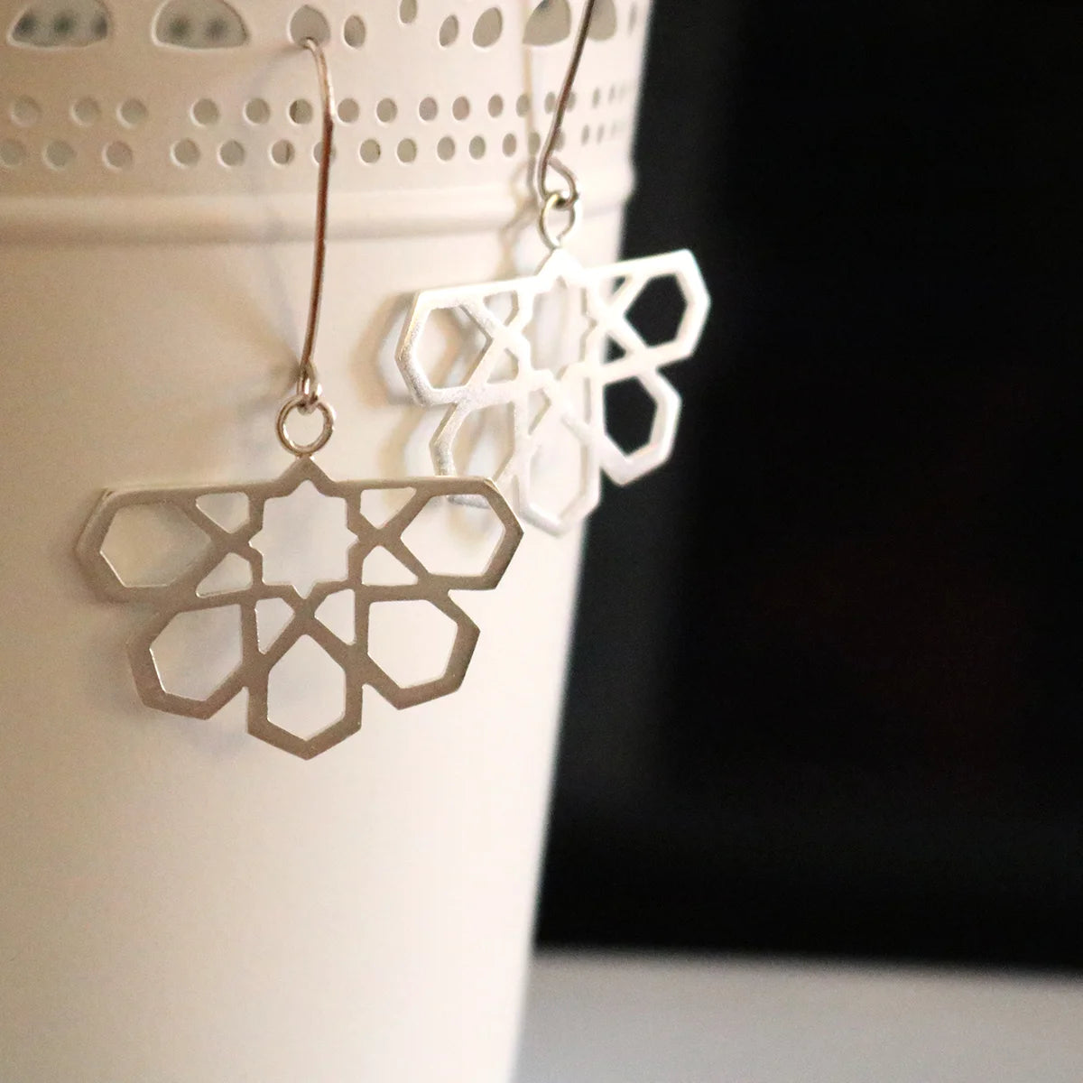 geometric pattern handmade silver dangle earrings 