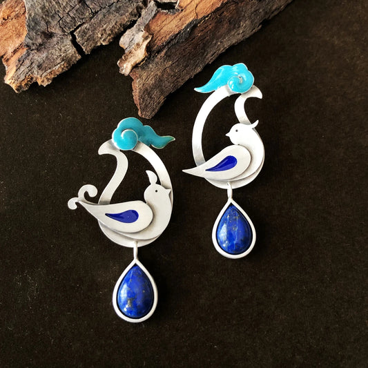 Pair of paisley earrings with bird and cloud design and  teardrop lapis lazuli
