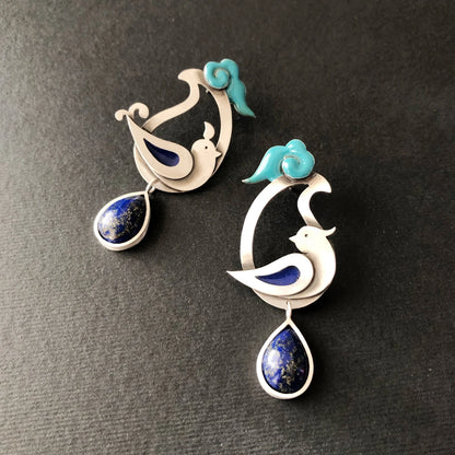 Pair of paisley earrings with bird and cloud design and  teardrop lapis lazuli