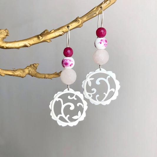 floral openwork silver dangle earrings with rose quartz and agate