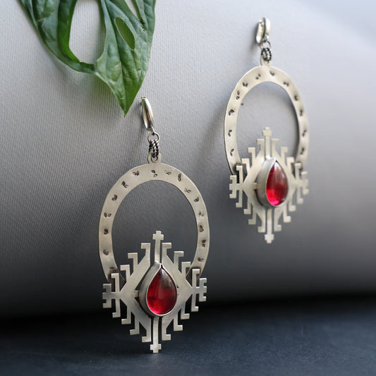Handmade Silver Geometric Earrings with Ruby