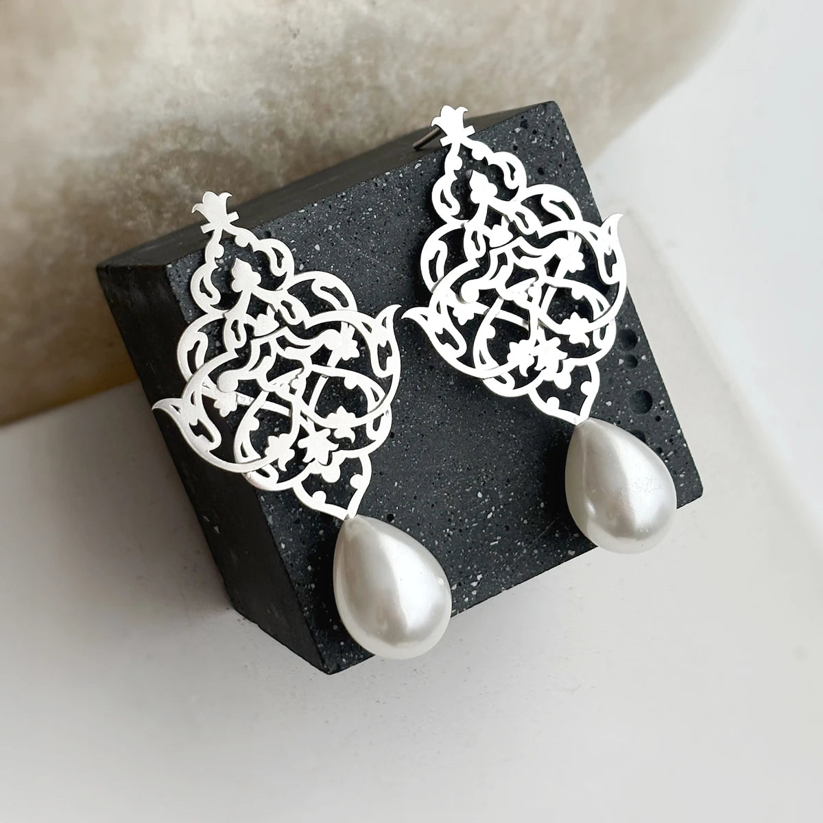 Handmade silver lattice earrings with faux pearl teardrops and openwork floral arabesque design