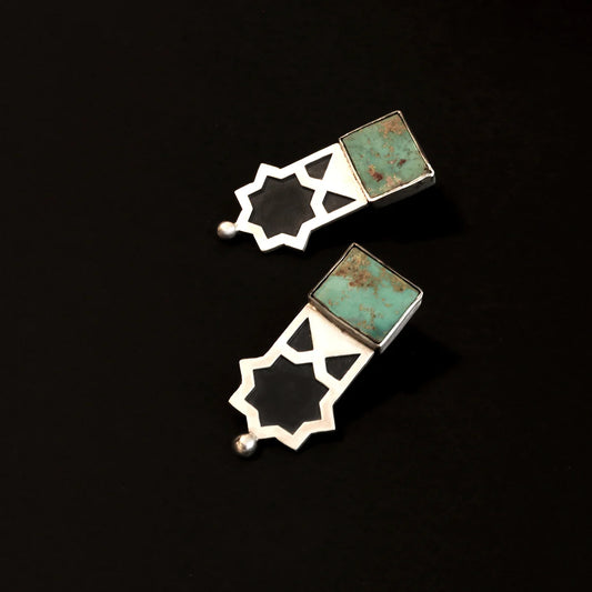 handmade silver stud drop earrings with square turquoise and geometric star