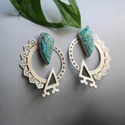 handmade silver and enamel statement earring with shattuckite and oxidized silver accents.