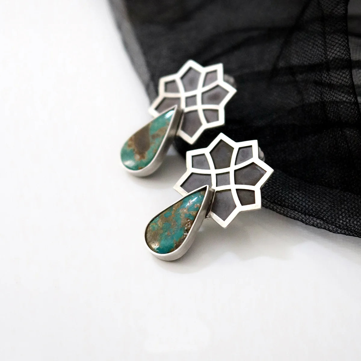 handmade silver stud earrings with tear drop turquoise