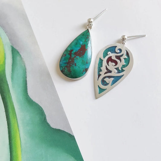 handmade silver and enamel mismatched drop earrings with Chrysocolla