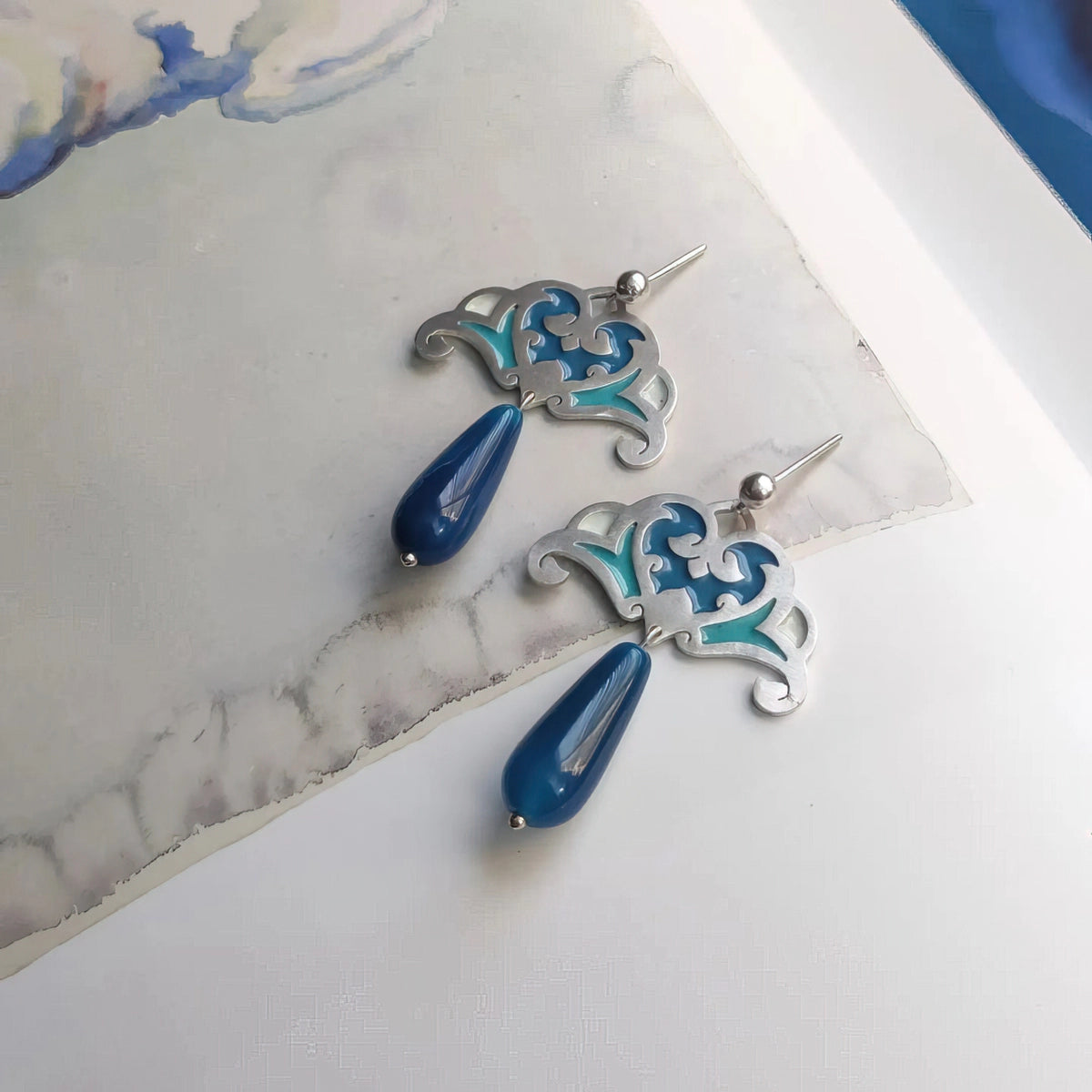 handmade silver and blue enamel drop earrings with blue agate