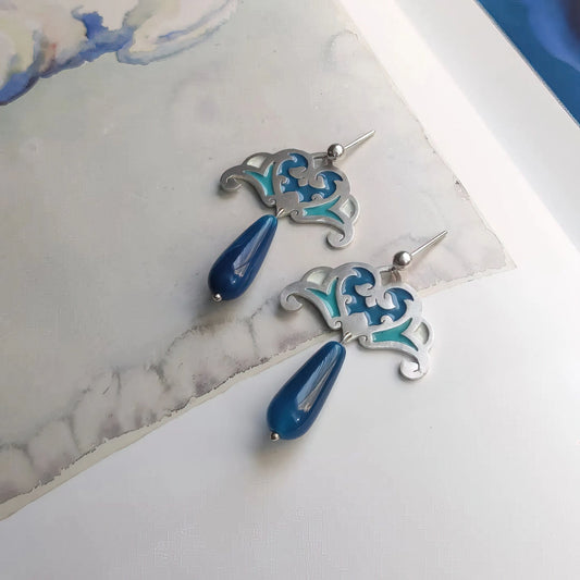 handmade silver and blue enamel drop earrings with blue agate