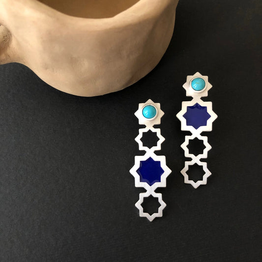 handmade openwork silver and blue enamel statement stars earrings with turquoise