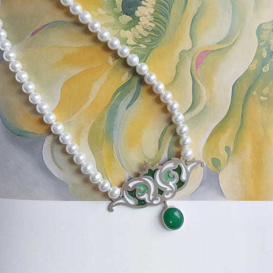 handmade silver and white and green enamel necklace with shell beads and green jade