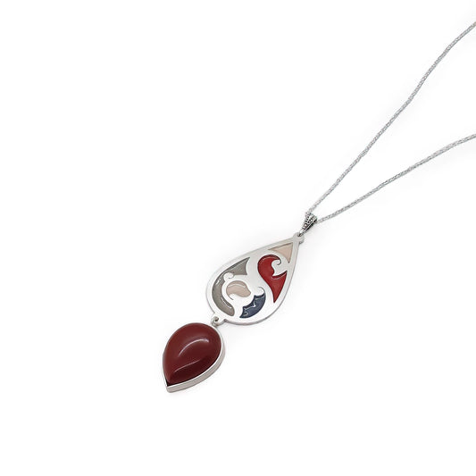 handmade silver and enamel pendant necklace with red jasper