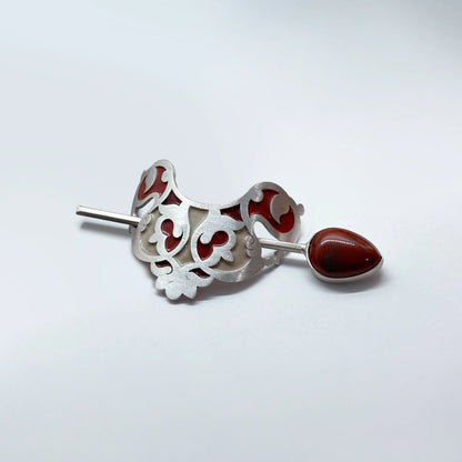 handmade silver and enamel stick barrette hair pin with red jasper