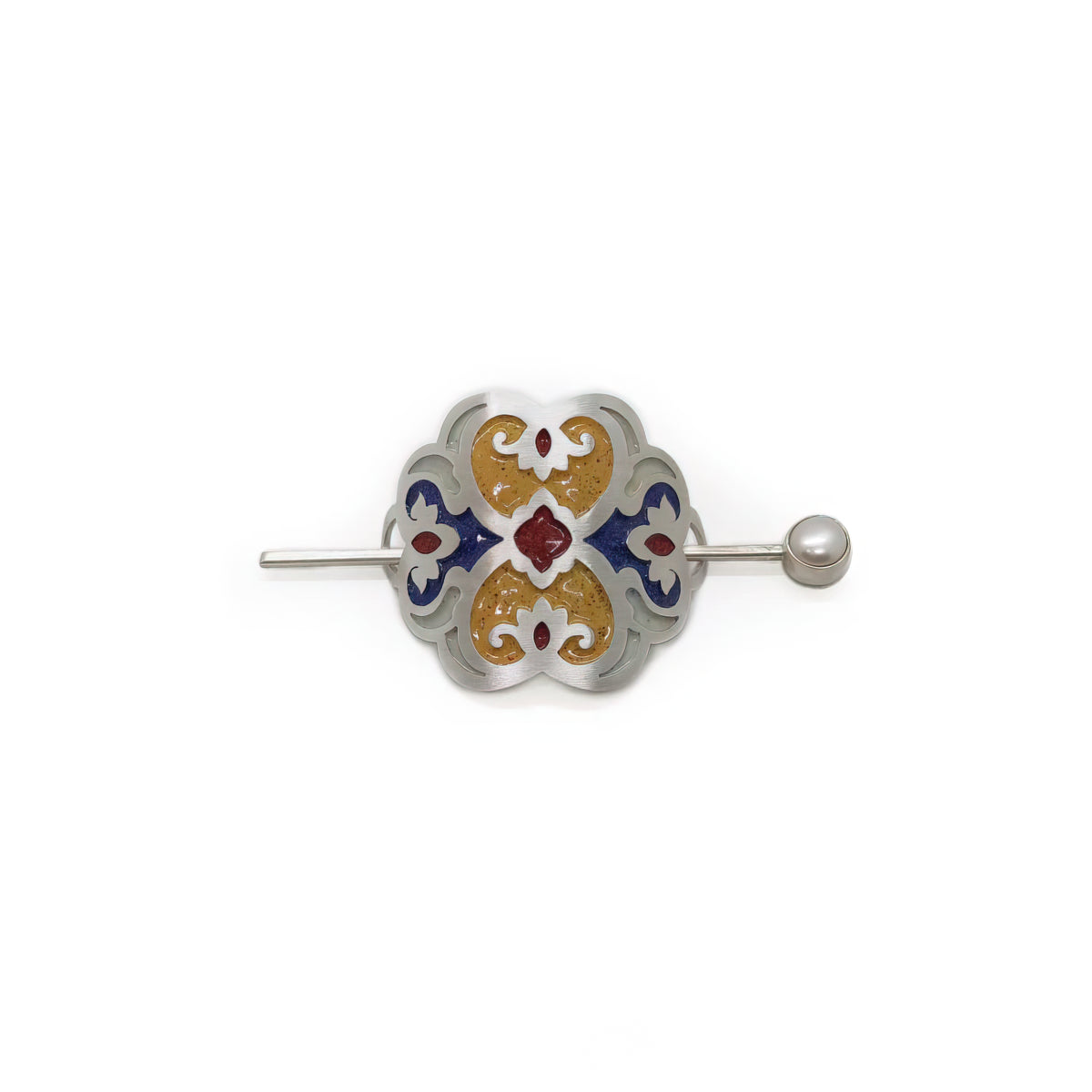 handmade silver stick barrette with yellow, red and blue enamel and pearl