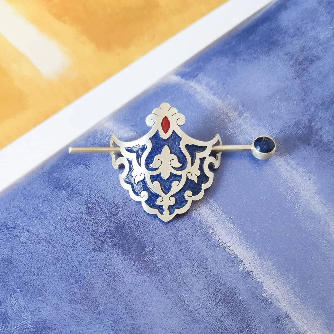 handmade silver hair stick barrette hair pin with lapis lazuli and blue and red enamel