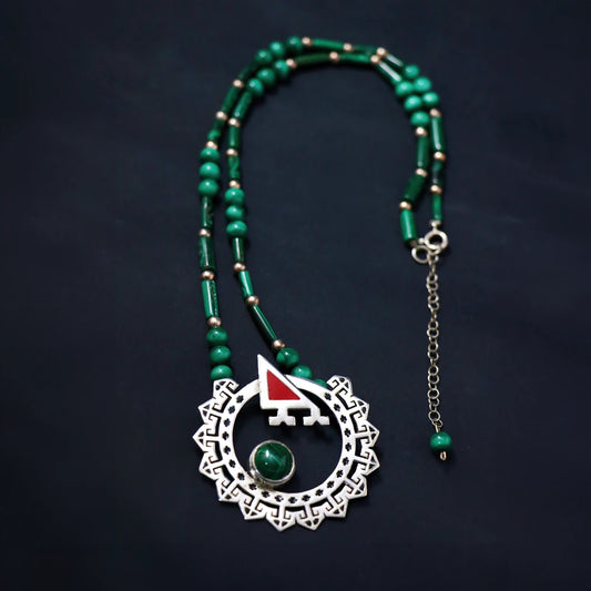 Handmade Ornate Circle Silver and Enamel Necklace with Malachite