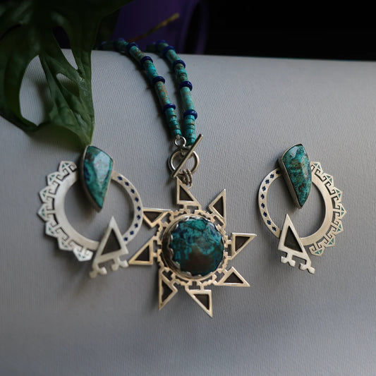 handmade set of statement necklace and earrings with shattuckite, lapis lazuli and African turquoise