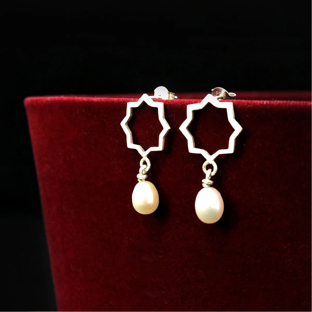 handmade hollow star silver drop earrings with pearls