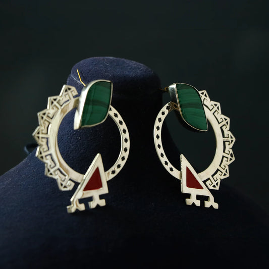 handmade ornate silver circle statement earrings with malachite and red cold enamel details