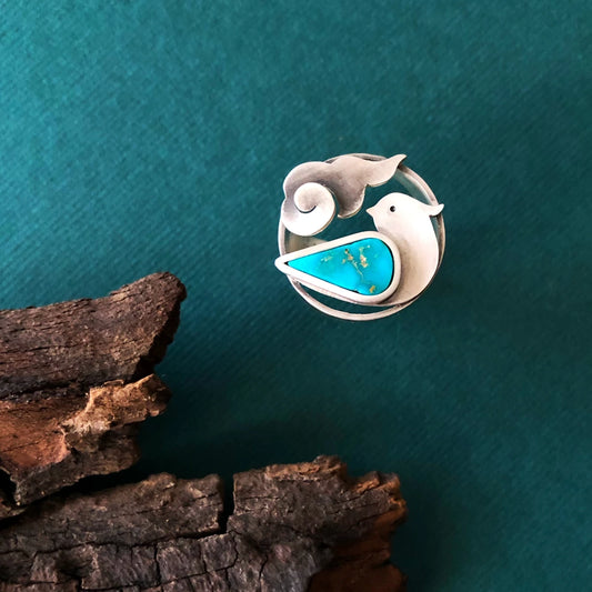 handmade bird and cloud statement silver ring with turquoise