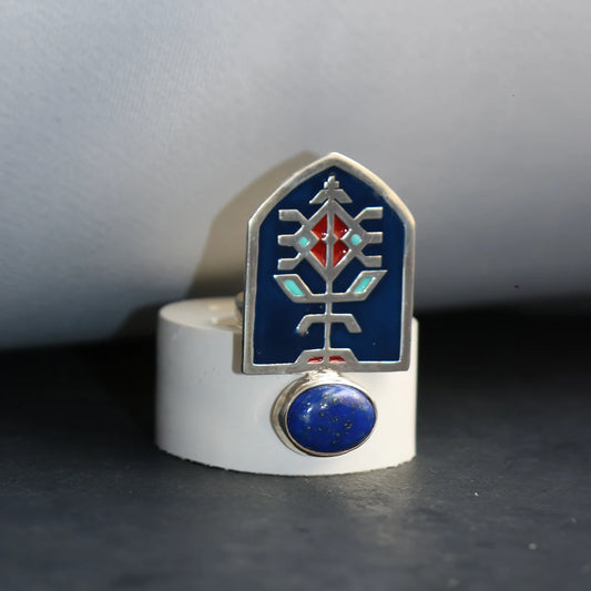 handmade silver statement ring with geometric pattern and blue and red enamel with lapis lazuli