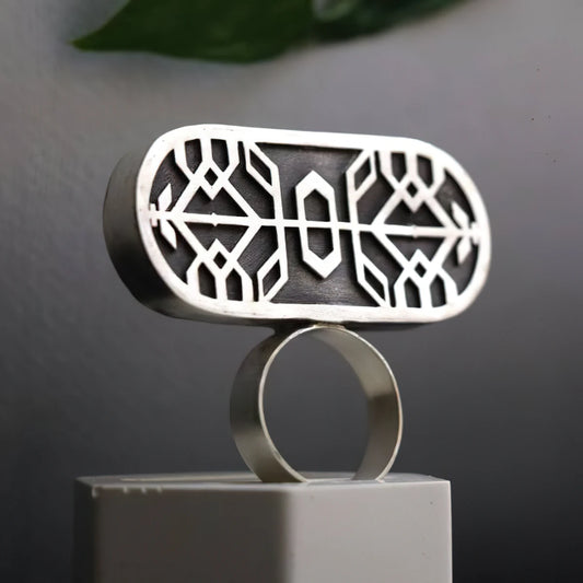 handmade oxidized silver statement ring with geometric patterns