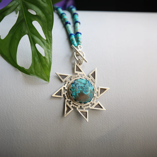 handmade star-shaped silver necklace with shuttukite, lapis lazuli and African Turquoise