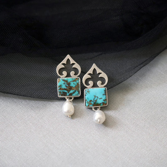 pomegranate blossom handmade drop earrings with turquoise and pearls