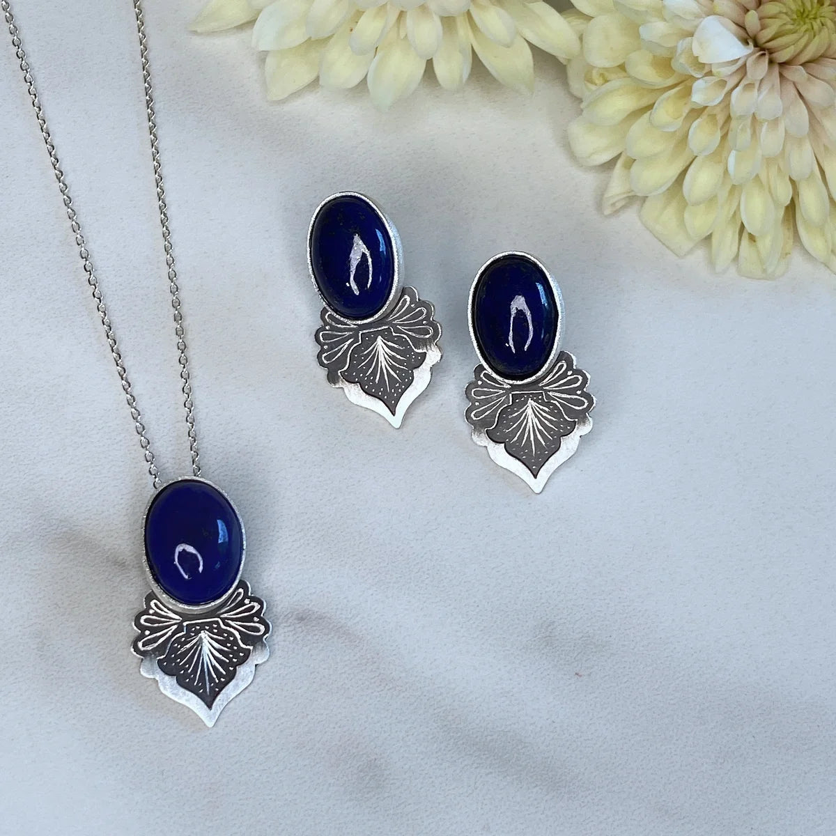 handmade lapis lazuli jewelry set of earrings and pendant necklace with minimal design