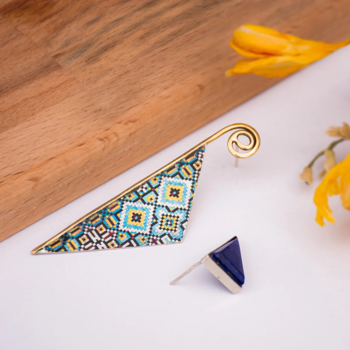 handmade mismatched silver and brass earrings with lapis lazuli