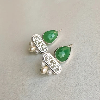 handmade statement drop silver earrings with faceted green onyx and pearls