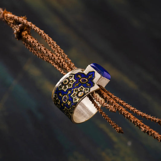 handmade statement silver ring with lapis lazuli and blue pattern