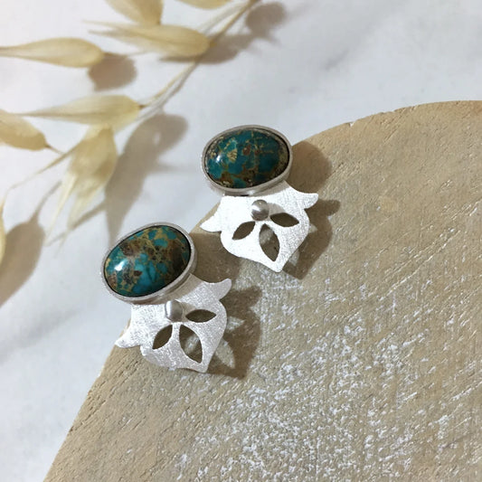 handcrafted minimal stud silver earrings, decorated with turquoise and flower motifs